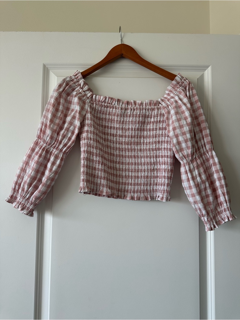Smocked Off-Shoulder Pink Gingham Top